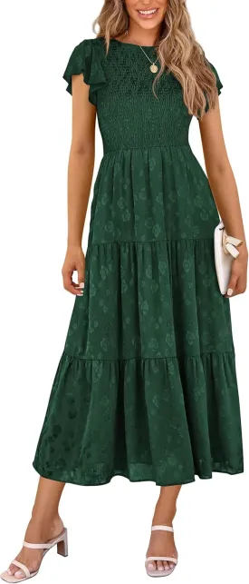PRETTYGARDEN Midi Dress for Women 2025 Summer Floral Cap Sleeve Smocked Ruffle A Line Long Flowy Wedding Guest Dresses