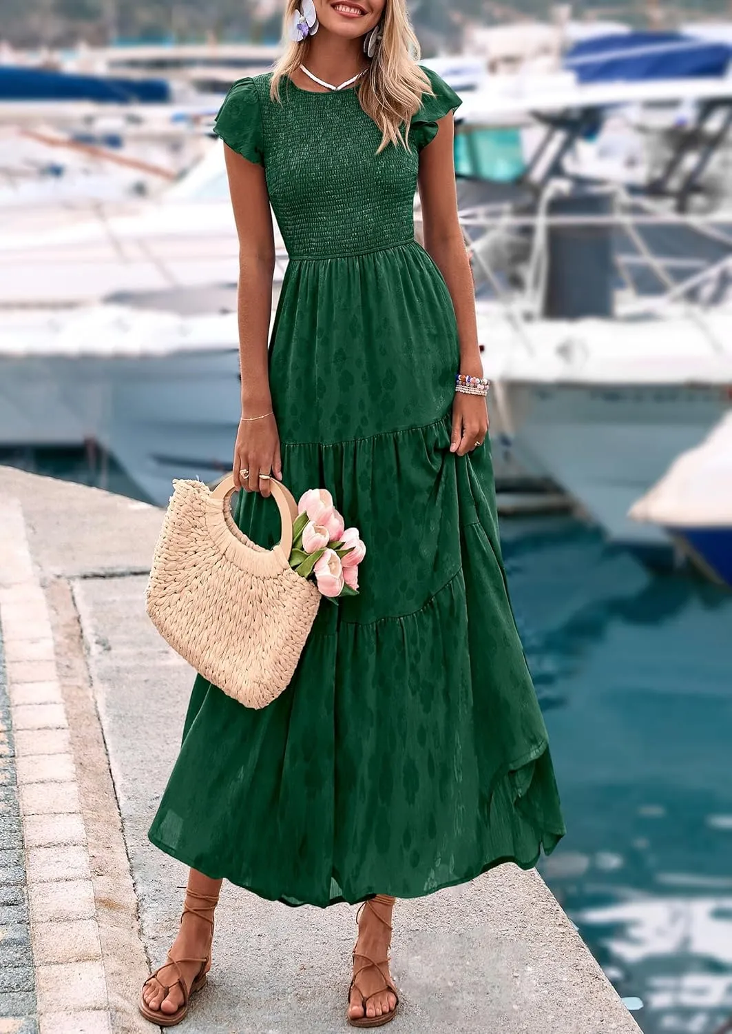 PRETTYGARDEN Midi Dress for Women 2025 Summer Floral Cap Sleeve Smocked Ruffle A Line Long Flowy Wedding Guest Dresses