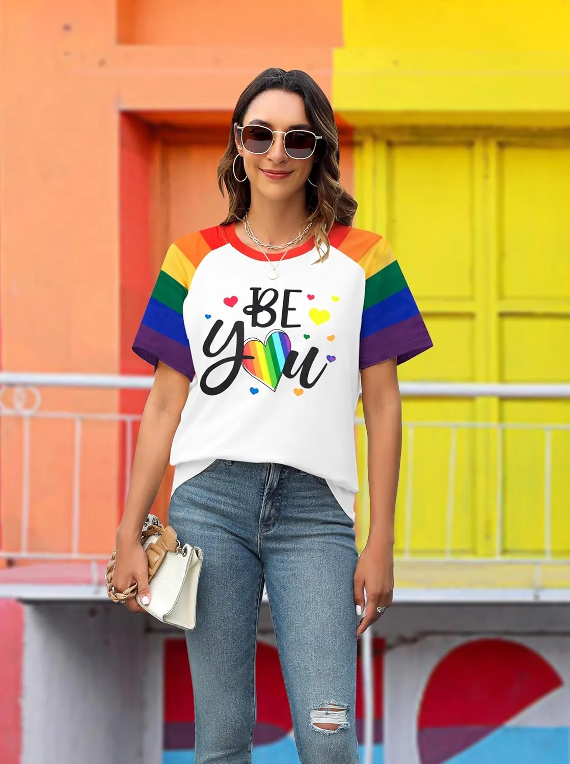 Pride Shirt Women Lesbian T-Shirt: Rainbow Raglan Short Sleeve Tops Be You Love Heart Graphic Tees Funny LGBTQ Outfit
