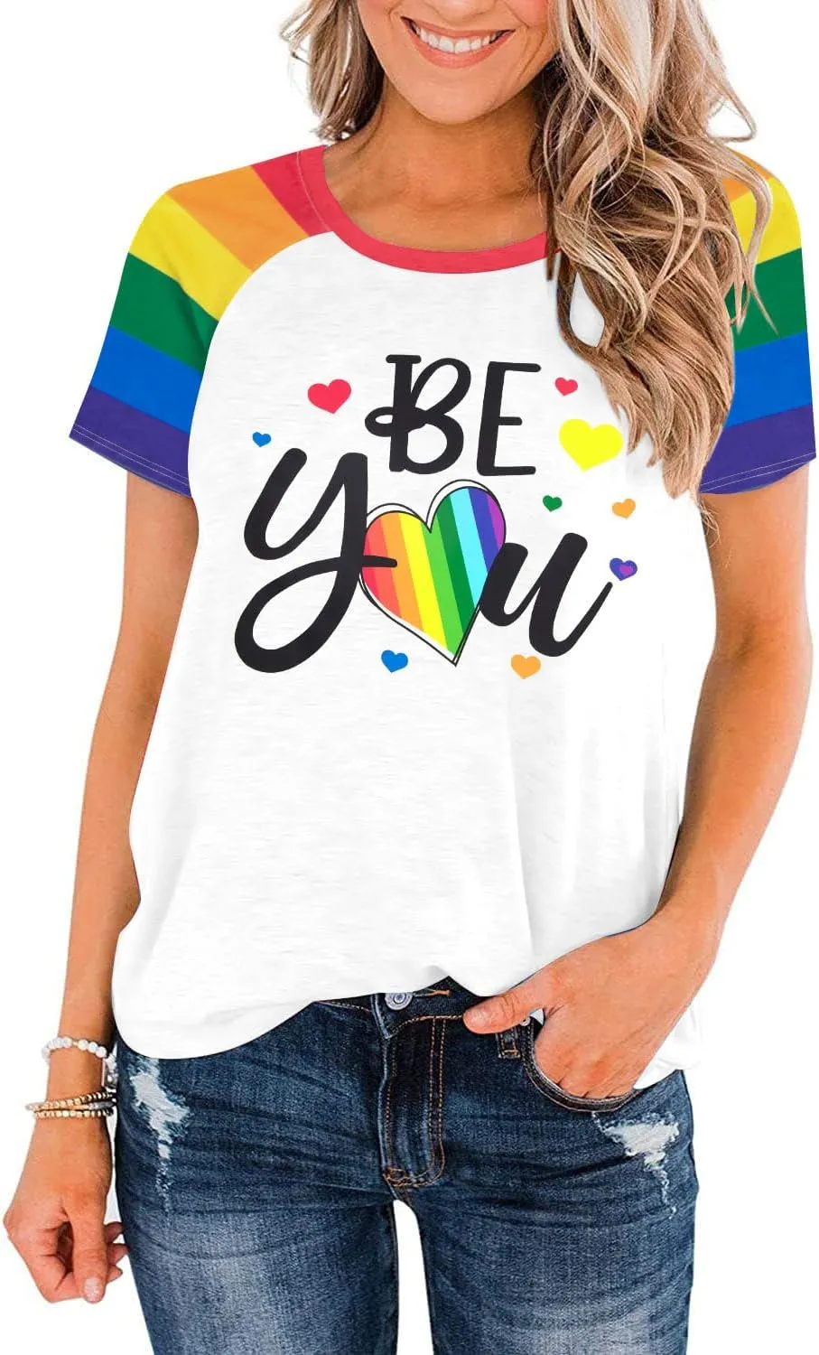 Pride Shirt Women Lesbian T-Shirt: Rainbow Raglan Short Sleeve Tops Be You Love Heart Graphic Tees Funny LGBTQ Outfit