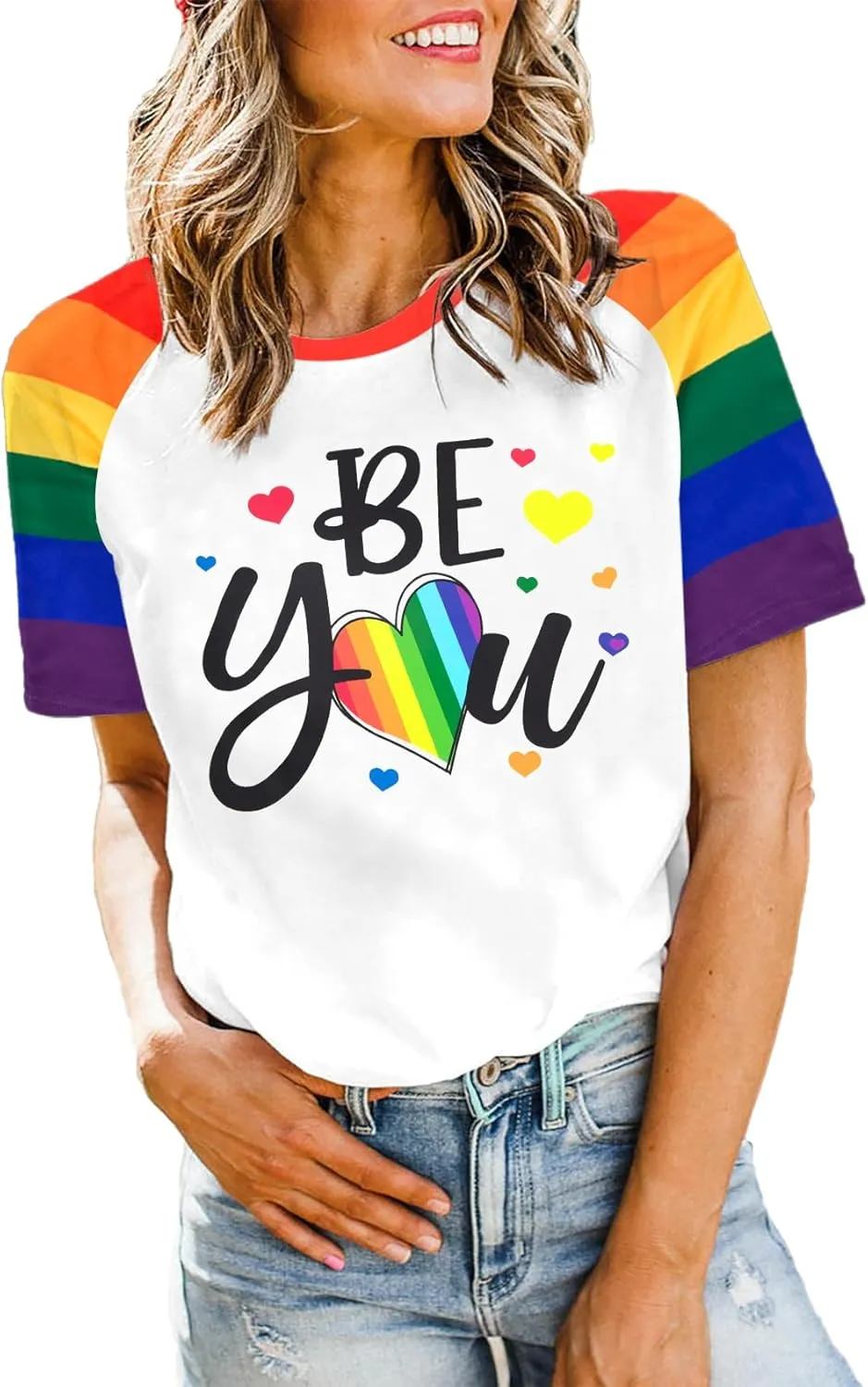 Pride Shirt Women Lesbian T-Shirt: Rainbow Raglan Short Sleeve Tops Be You Love Heart Graphic Tees Funny LGBTQ Outfit