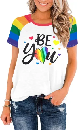 Pride Shirt Women Lesbian T-Shirt: Rainbow Raglan Short Sleeve Tops Be You Love Heart Graphic Tees Funny LGBTQ Outfit