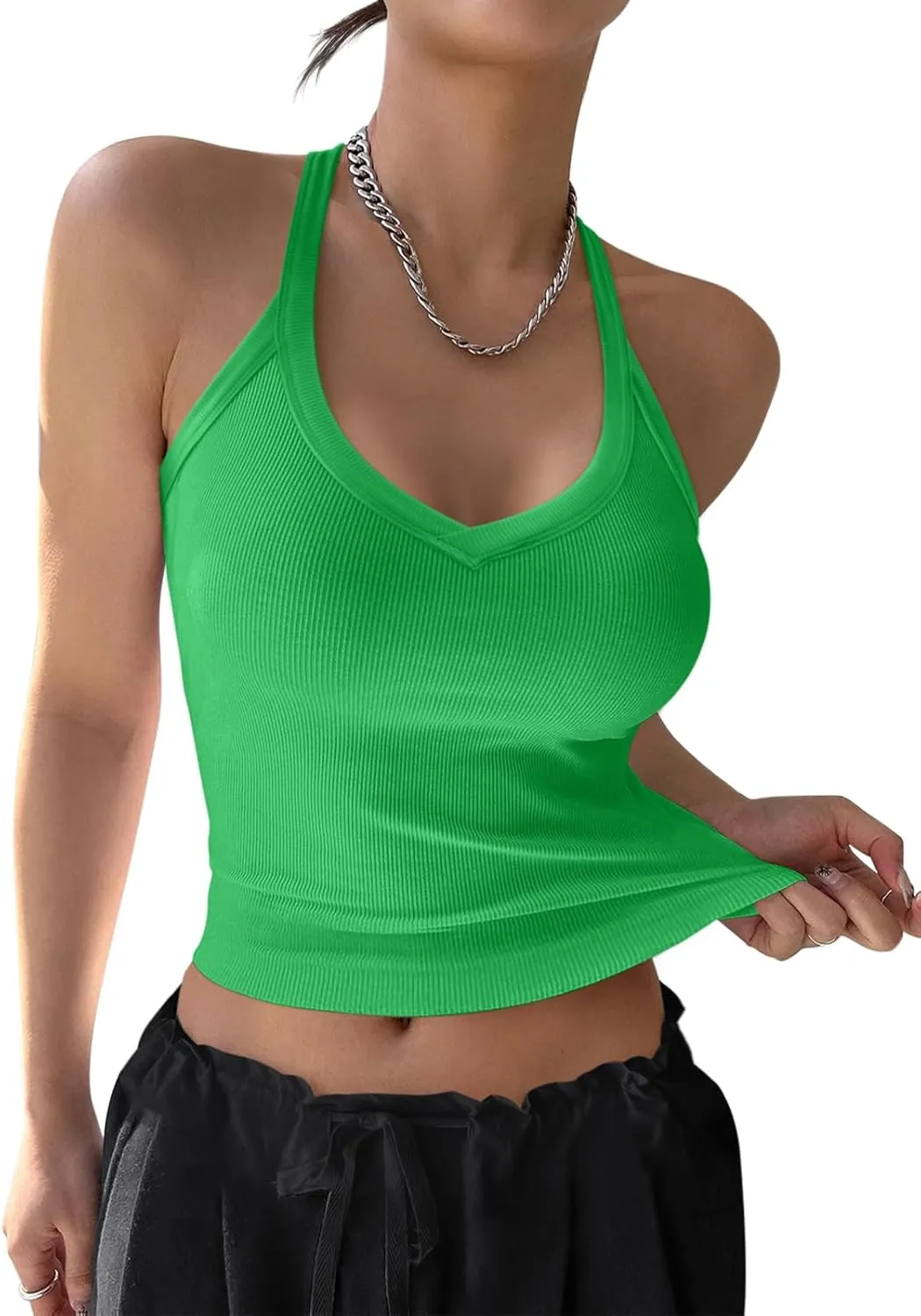 REORIA Womens Workout Tank Tops V Neck Racerback Going Out Crop 2025 Trendy Top Summer Sleeveless Ribbed Camisole