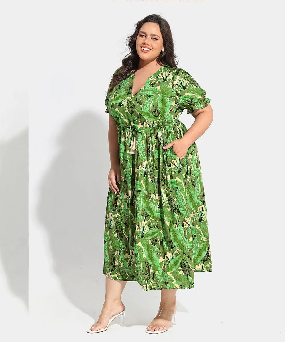 RITERA Plus Size Midi Dress for Women 2025 Casual V NeckShort Sleeve Ruffle Flowy Boho Drawstring Tassel Waist XL-5XL
