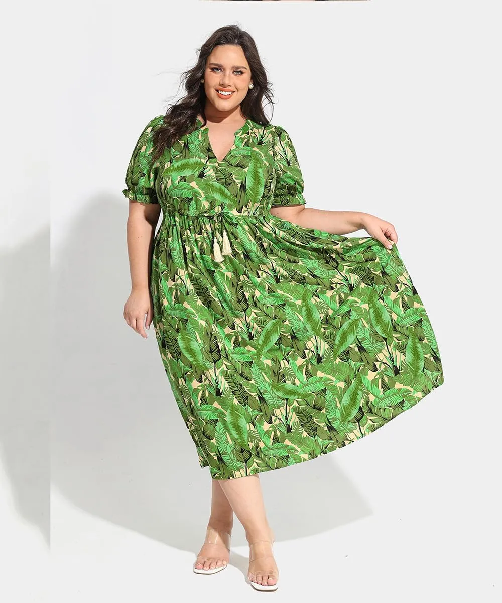 RITERA Plus Size Midi Dress for Women 2025 Casual V NeckShort Sleeve Ruffle Flowy Boho Drawstring Tassel Waist XL-5XL