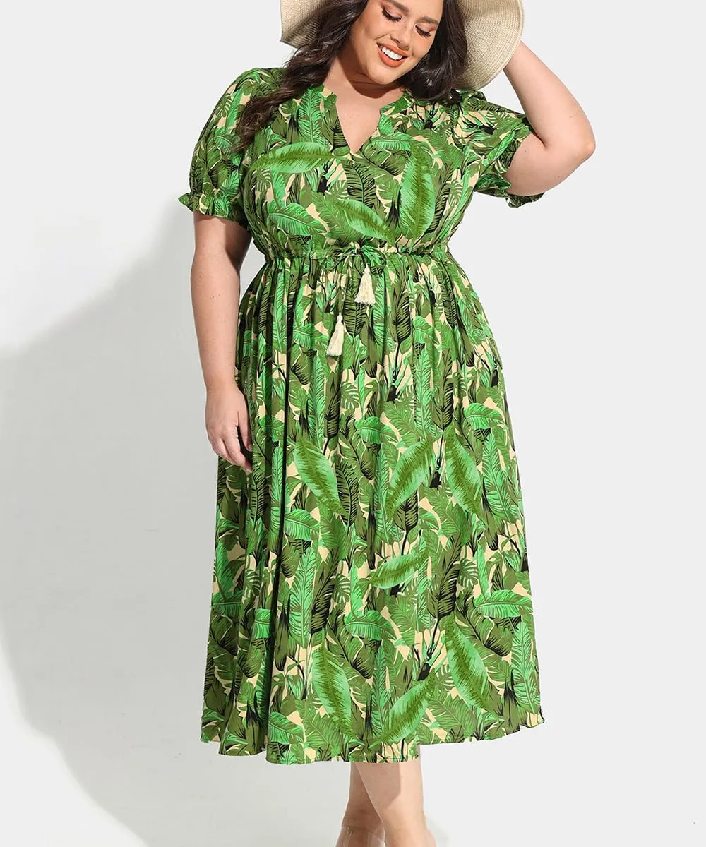 RITERA Plus Size Midi Dress for Women 2025 Casual V NeckShort Sleeve Ruffle Flowy Boho Drawstring Tassel Waist XL-5XL