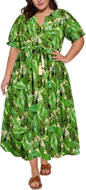 RITERA Plus Size Midi Dress for Women 2025 Casual V NeckShort Sleeve Ruffle Flowy Boho Drawstring Tassel Waist XL-5XL