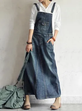 Ru Sweet Women's Vintage Adjustable Strap Denim Overall Dress Distressed A-Line Pinafore Bib Jean Maxi Dress with Pockets