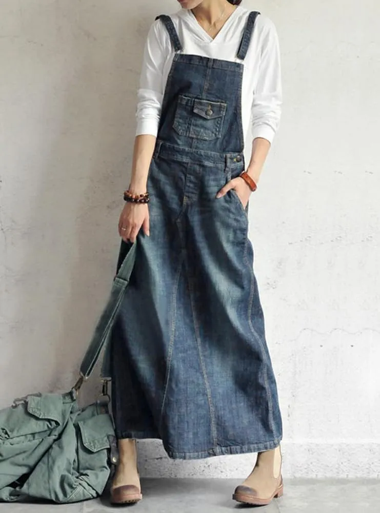 Ru Sweet Women's Vintage Adjustable Strap Denim Overall Dress Distressed A-Line Pinafore Bib Jean Maxi Dress with Pockets