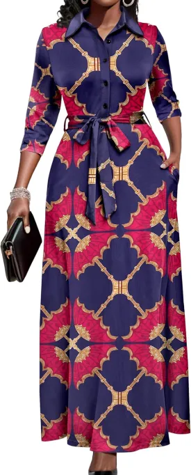 Runwind Women Church Maxi Dresses 3/4 Sleeve Button Down Print Casual Office Dress African