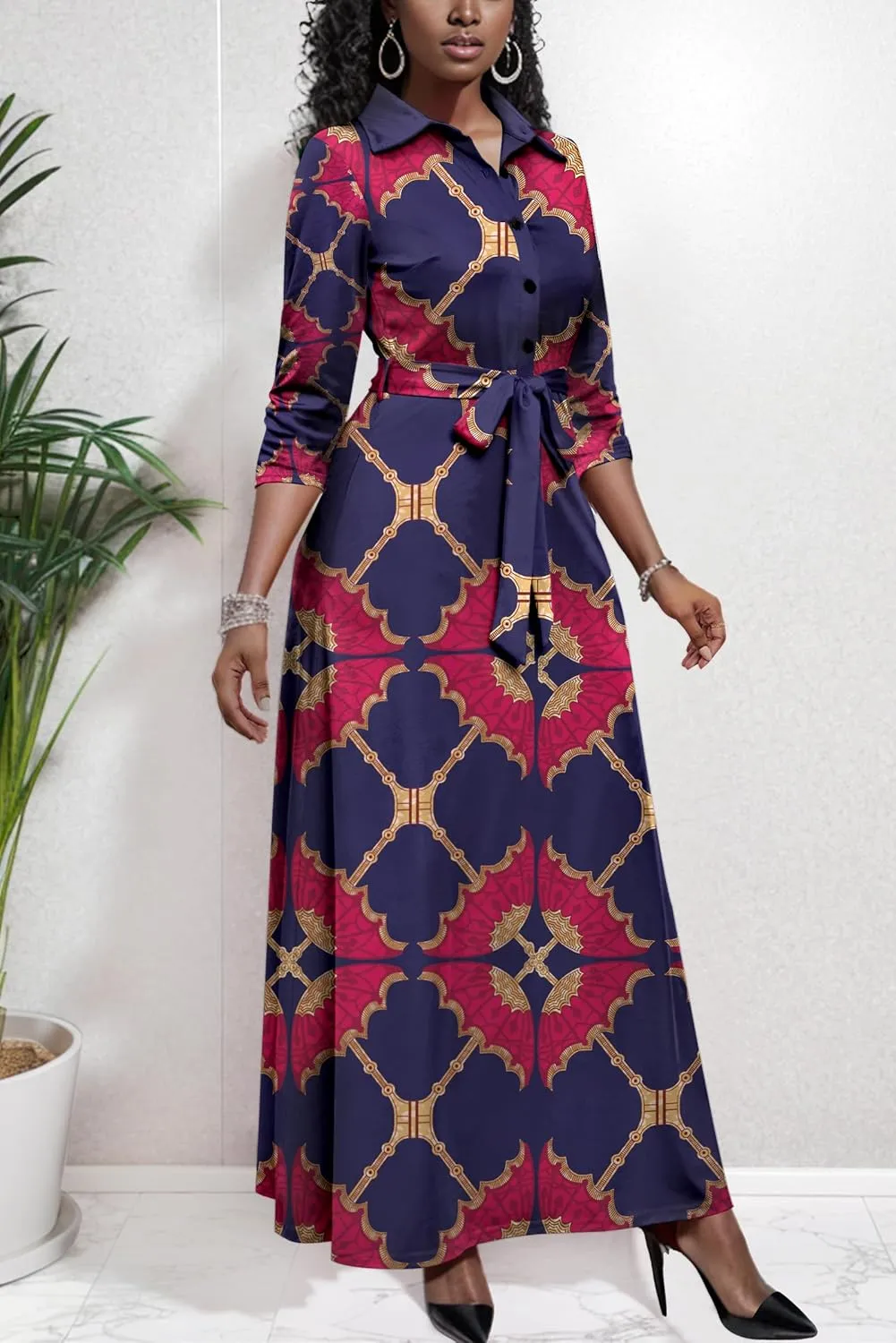 Runwind Women Church Maxi Dresses 3/4 Sleeve Button Down Print Casual Office Dress African