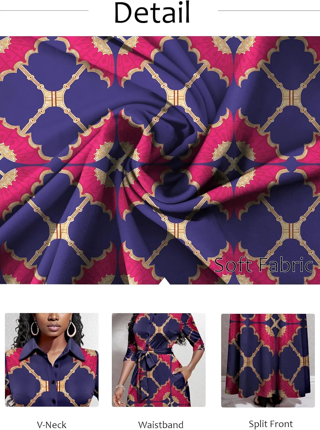 Runwind Women Church Maxi Dresses 3/4 Sleeve Button Down Print Casual Office Dress African