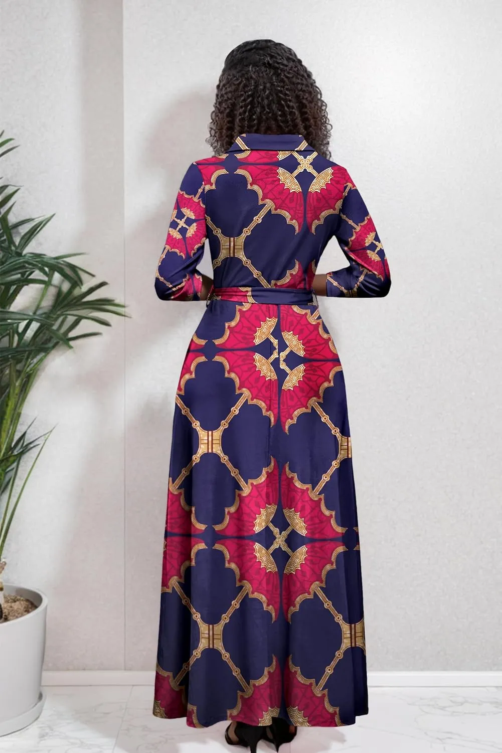 Runwind Women Church Maxi Dresses 3/4 Sleeve Button Down Print Casual Office Dress African