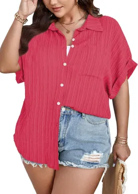 SCOMCHIC Women Plus Size Button Down Short Sleeve Shirts Collared Textured Summer Blouse Casual Tops with Pockets