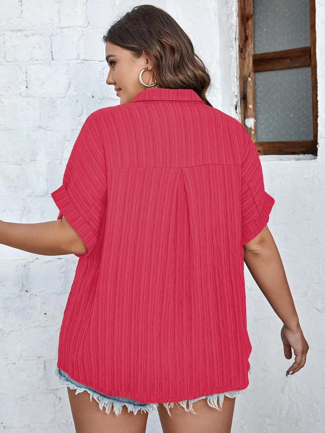 SCOMCHIC Women Plus Size Button Down Short Sleeve Shirts Collared Textured Summer Blouse Casual Tops with Pockets