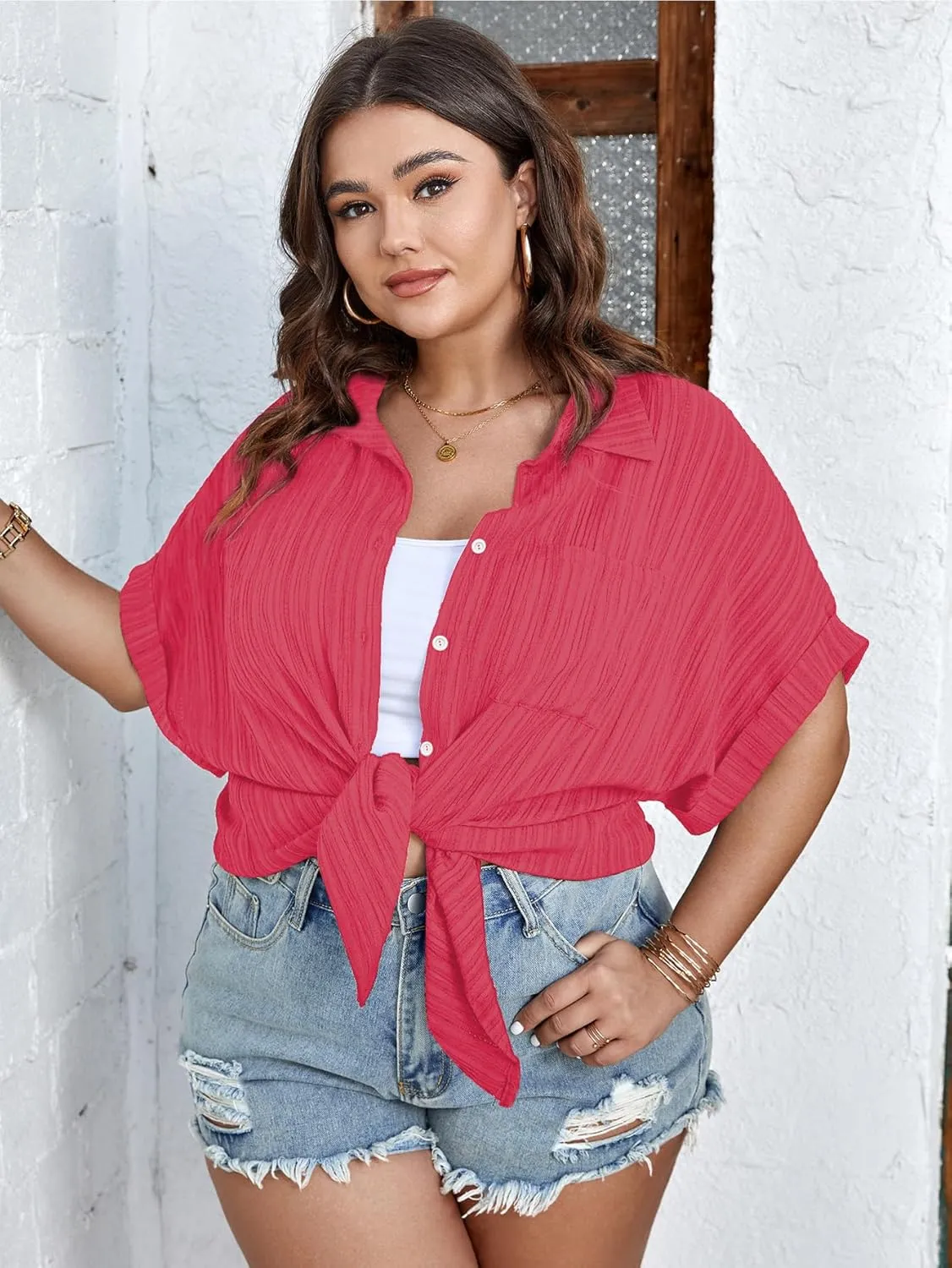 SCOMCHIC Women Plus Size Button Down Short Sleeve Shirts Collared Textured Summer Blouse Casual Tops with Pockets