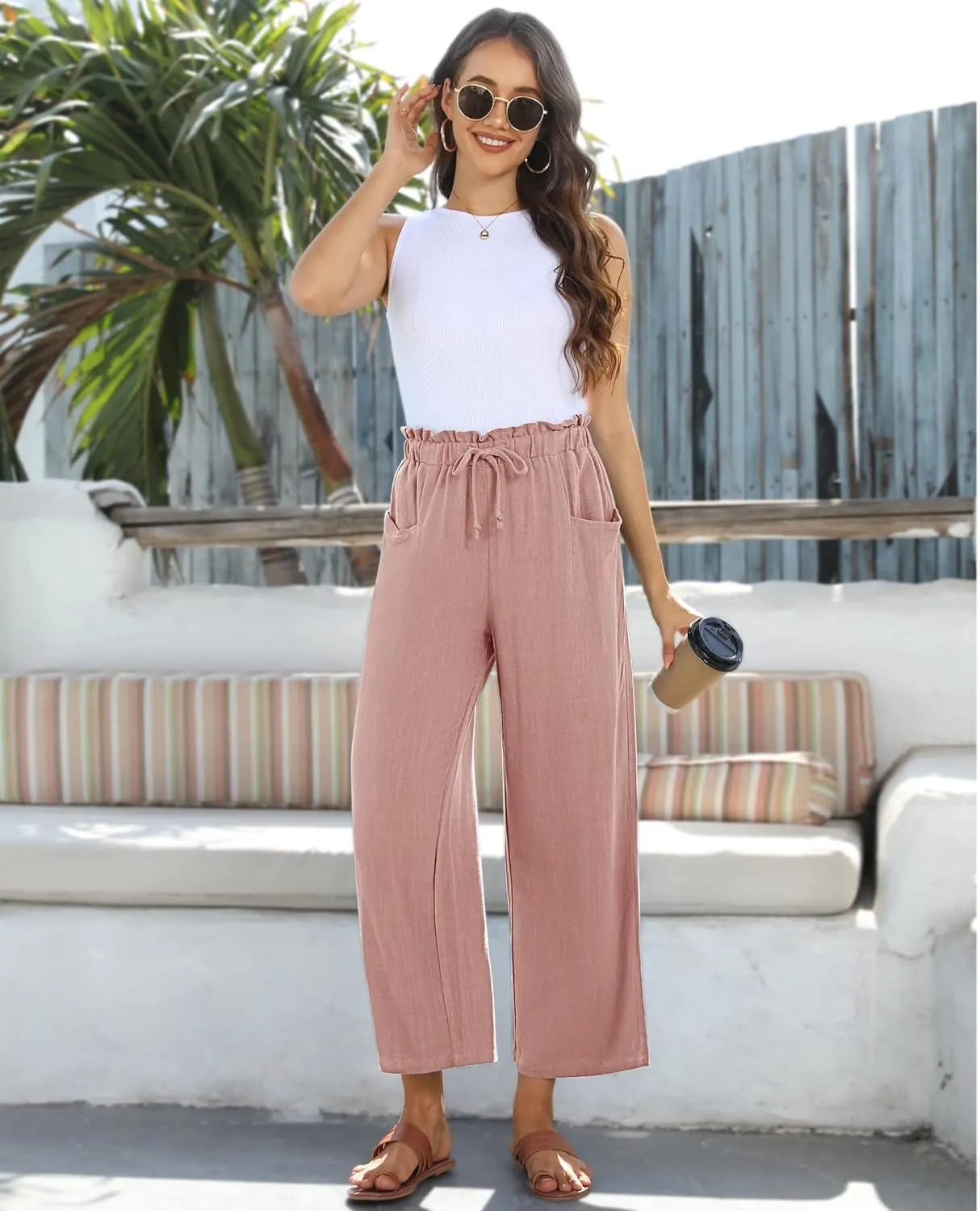 siliteelon Wide Leg Linen Pants for Women Summer Capri Palazzo Flowy Pants Casual Loose High Waist Trousers with Pockets