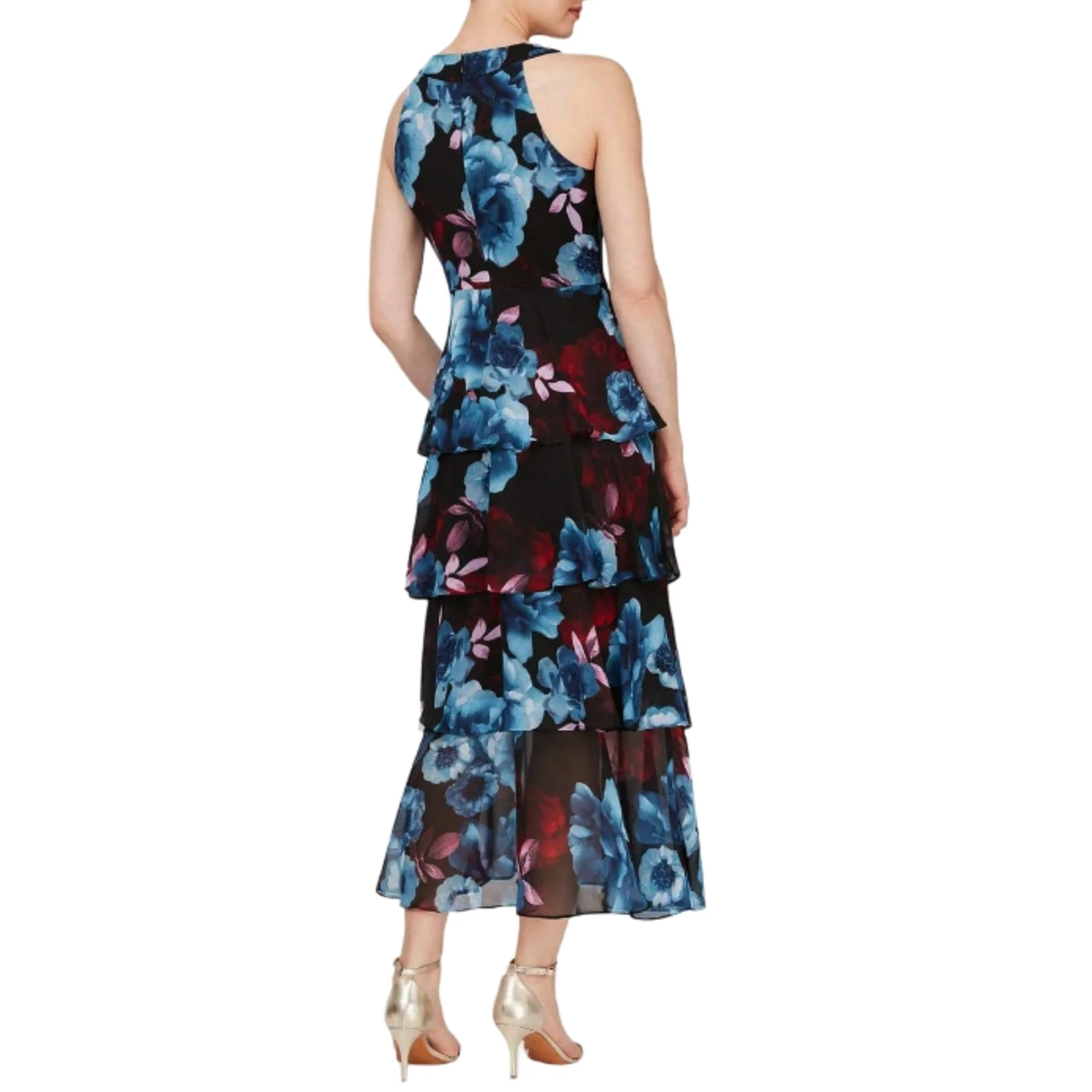 S.L. Fashions Sleeveless Floral Print Flowing Ruffle Tiered Party Maxi Dress