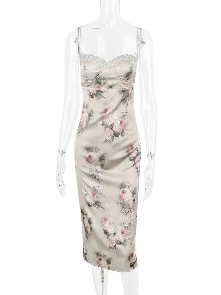 Spaghetti Strap Lace Trim Floral Print Midi Dress