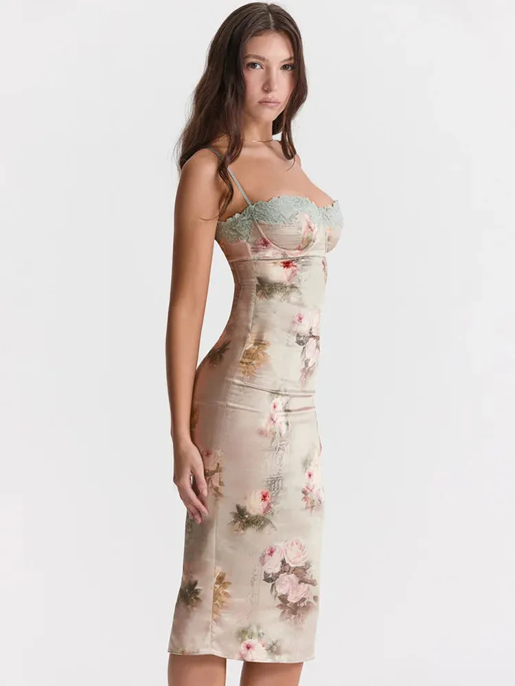 Spaghetti Strap Lace Trim Floral Print Midi Dress