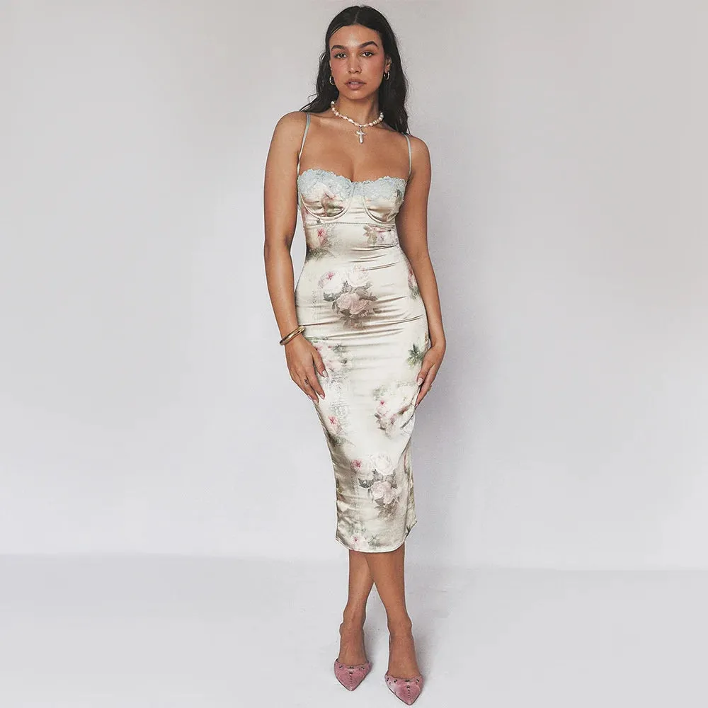 Spaghetti Strap Lace Trim Floral Print Midi Dress