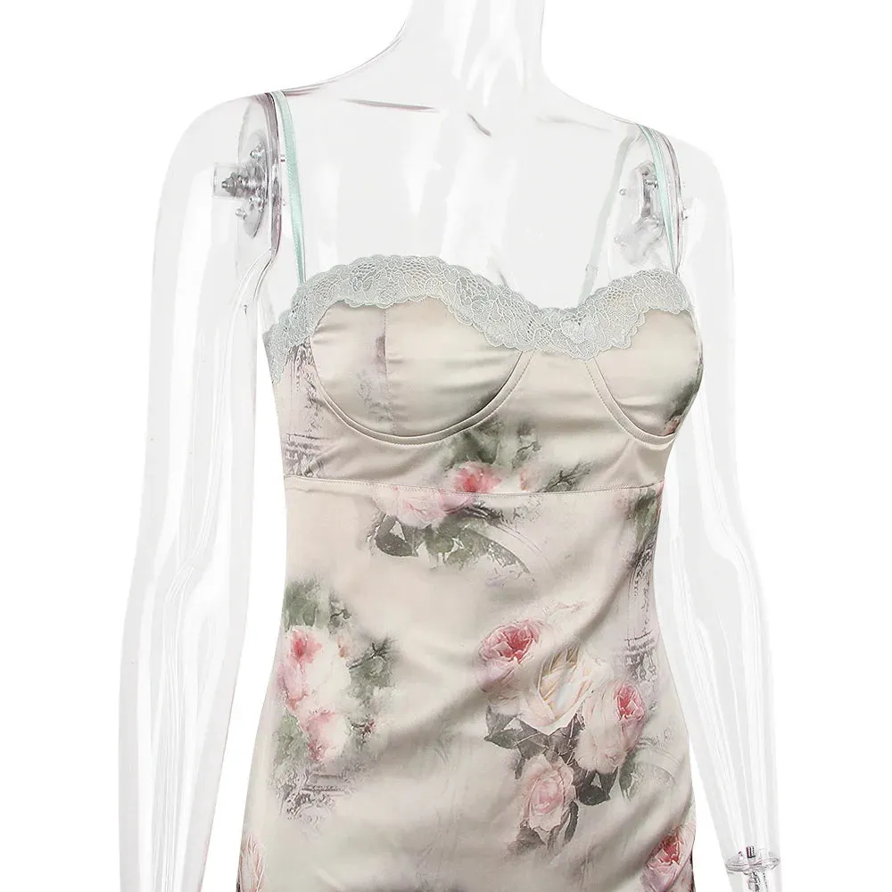 Spaghetti Strap Lace Trim Floral Print Midi Dress