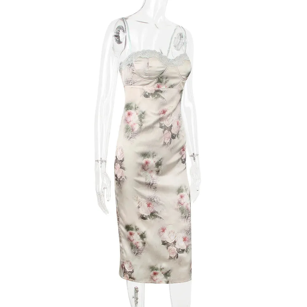 Spaghetti Strap Lace Trim Floral Print Midi Dress