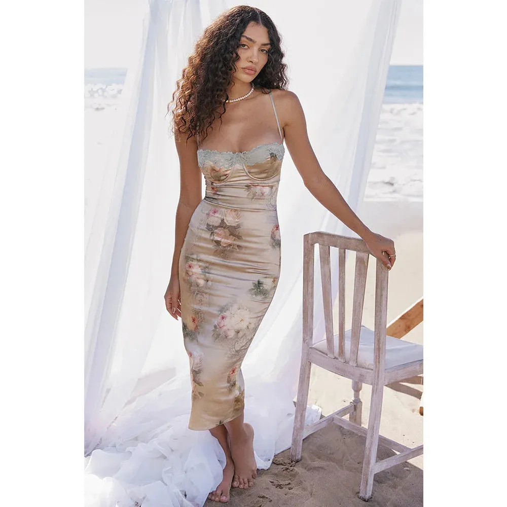 Spaghetti Strap Lace Trim Floral Print Midi Dress