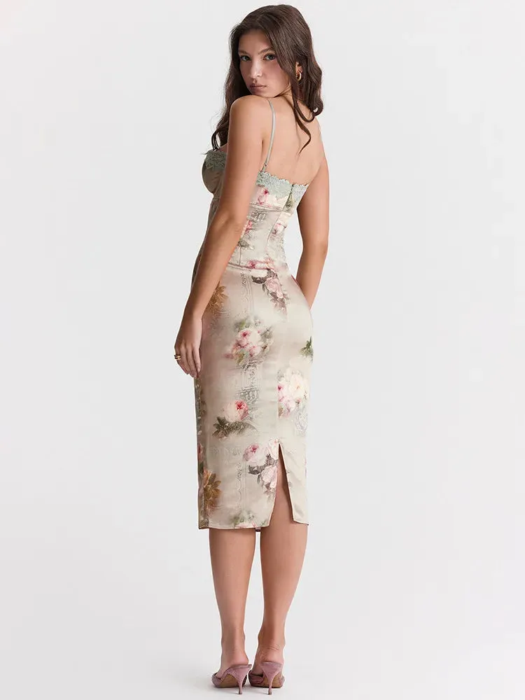 Spaghetti Strap Lace Trim Floral Print Midi Dress