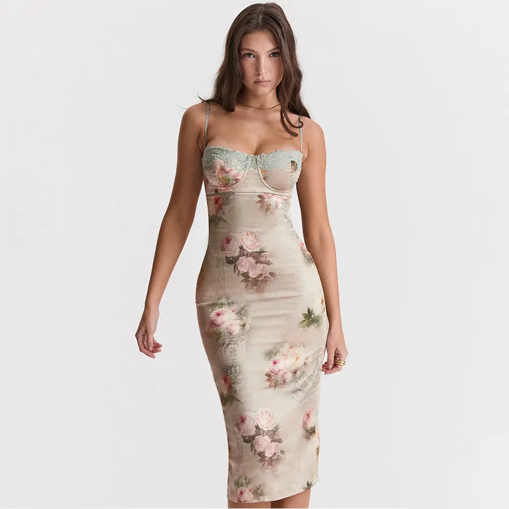 Spaghetti Strap Lace Trim Floral Print Midi Dress