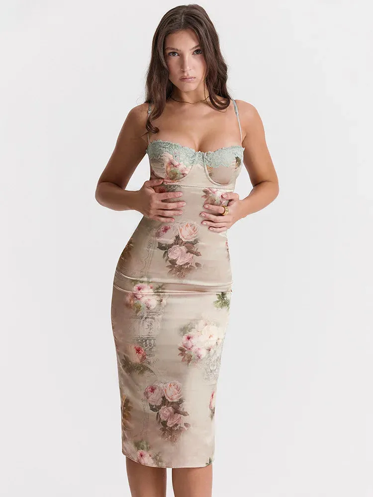 Spaghetti Strap Lace Trim Floral Print Midi Dress