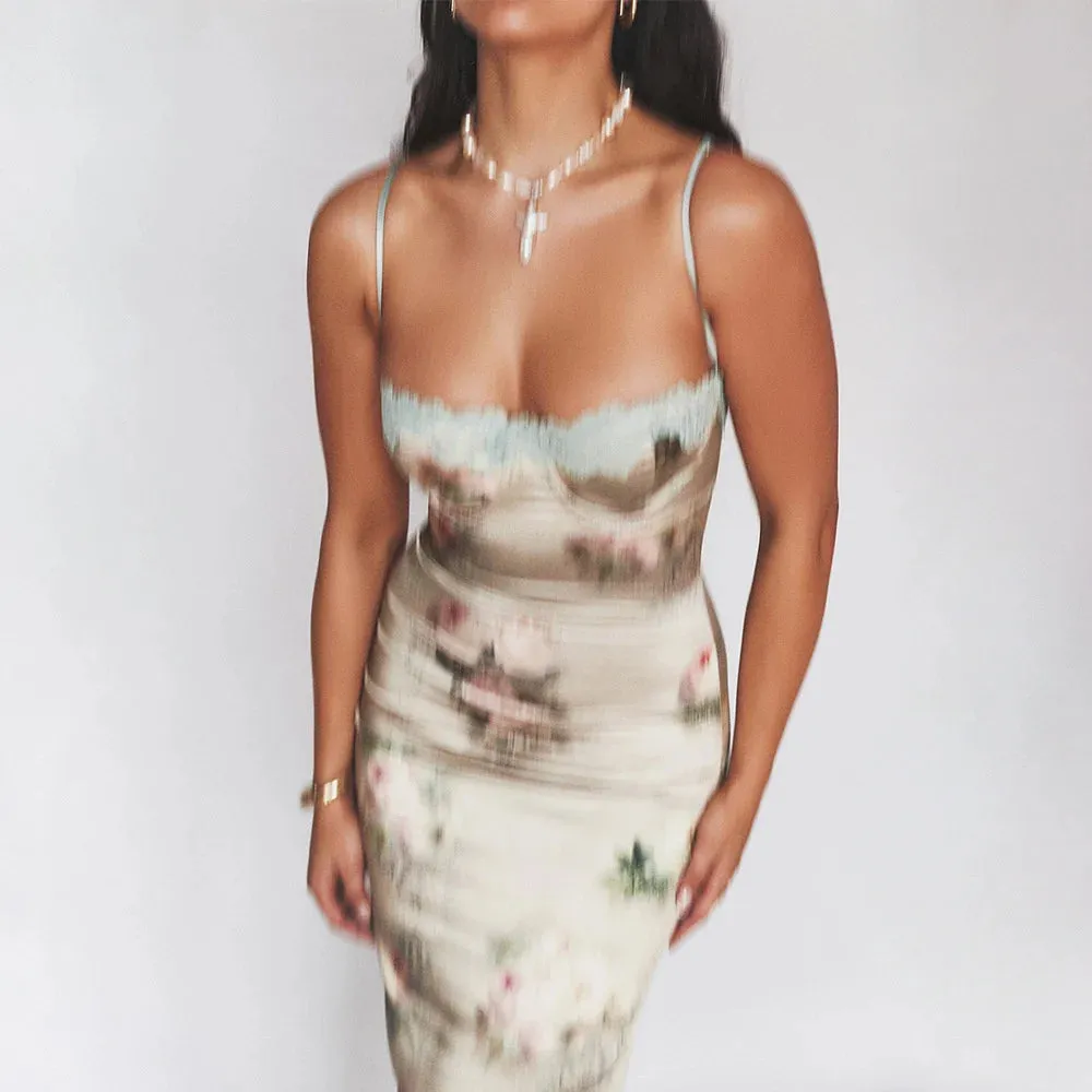 Spaghetti Strap Lace Trim Floral Print Midi Dress