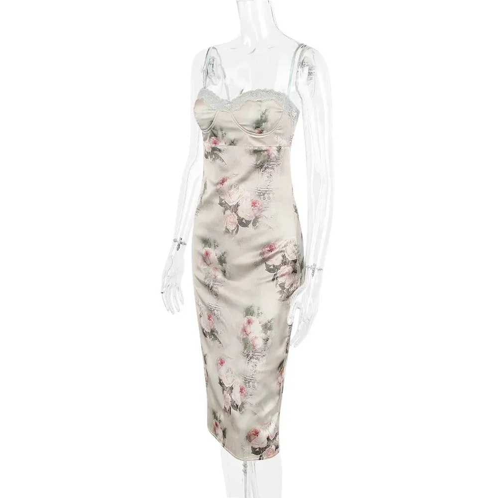 Spaghetti Strap Lace Trim Floral Print Midi Dress