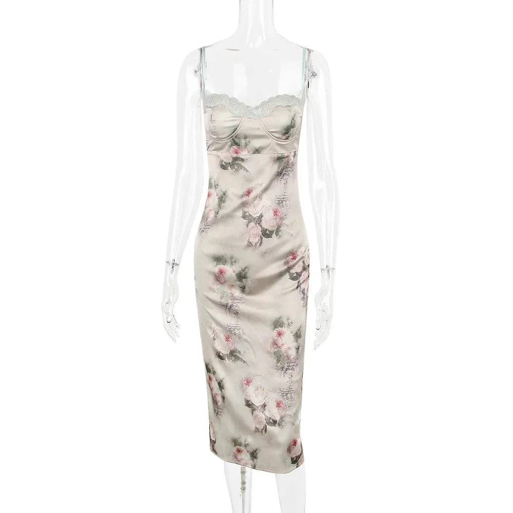 Spaghetti Strap Lace Trim Floral Print Midi Dress