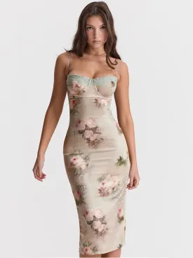 Spaghetti Strap Lace Trim Floral Print Midi Dress
