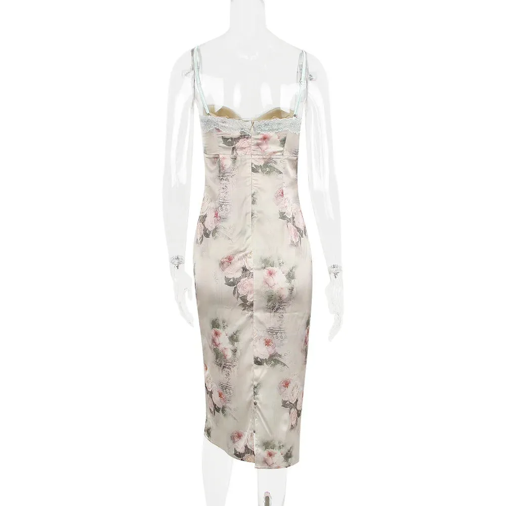 Spaghetti Strap Lace Trim Floral Print Midi Dress