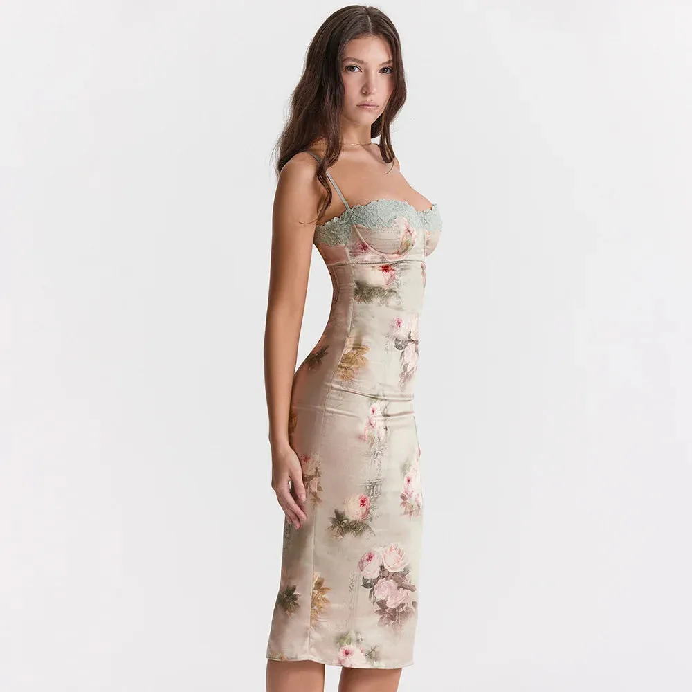 Spaghetti Strap Lace Trim Floral Print Midi Dress