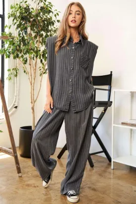 Stripe Button Down Shirt And Pants Outfit Set