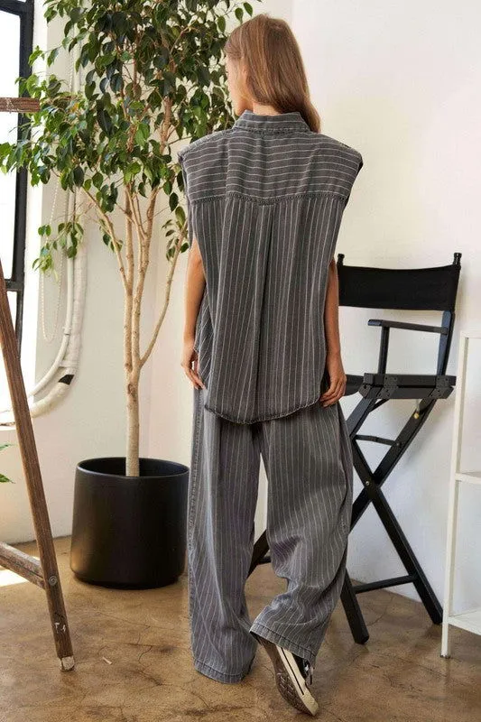 Stripe Button Down Shirt And Pants Outfit Set