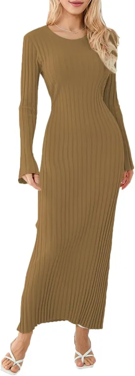 Sweater Dress for Women Ribbed Knit Slim Fit Bell Long Sleeve Maxi Dress Crew Neck Y2K Modest Bodycon Dresses