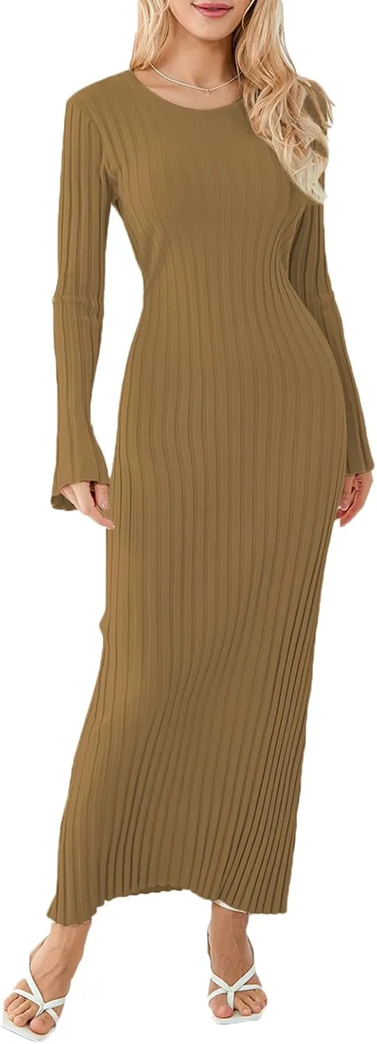 Sweater Dress for Women Ribbed Knit Slim Fit Bell Long Sleeve Maxi Dress Crew Neck Y2K Modest Bodycon Dresses