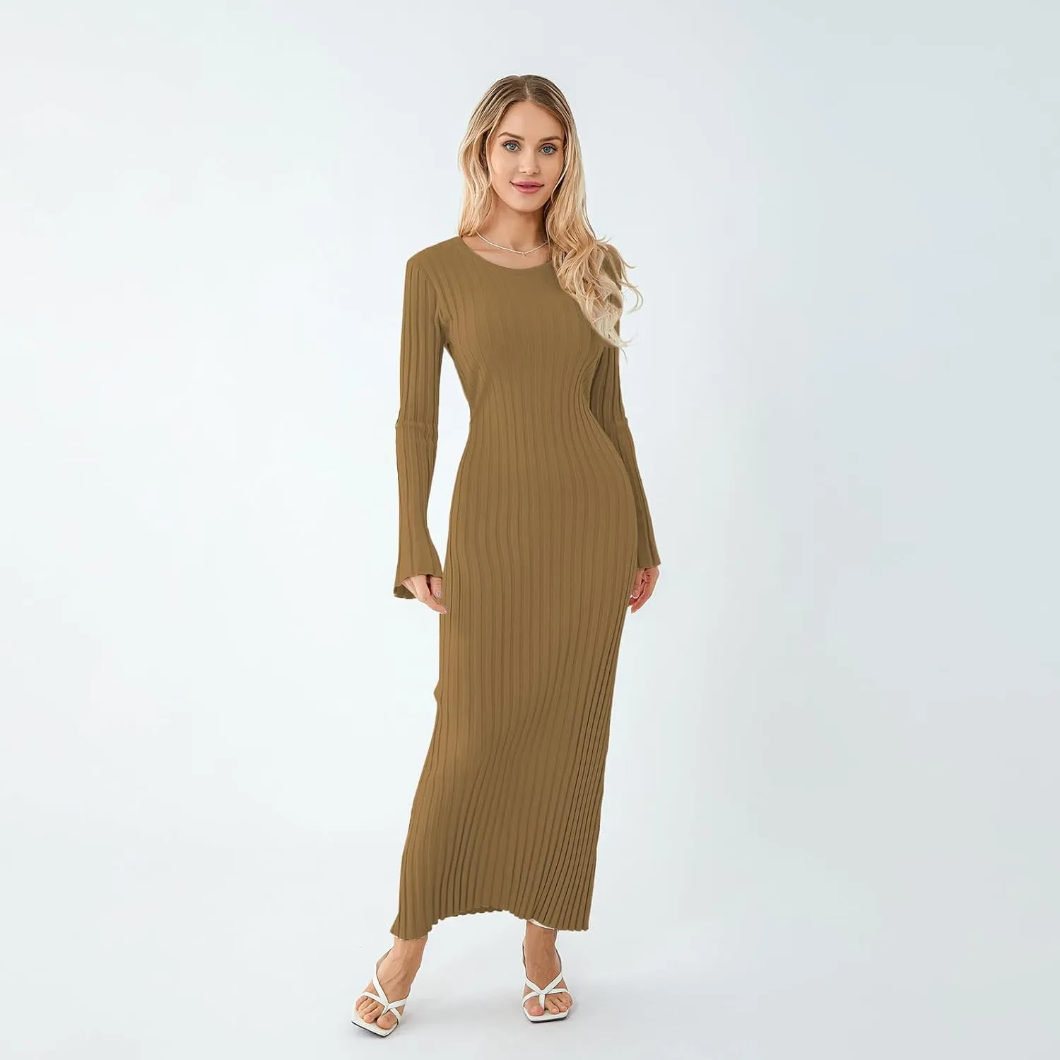 Sweater Dress for Women Ribbed Knit Slim Fit Bell Long Sleeve Maxi Dress Crew Neck Y2K Modest Bodycon Dresses