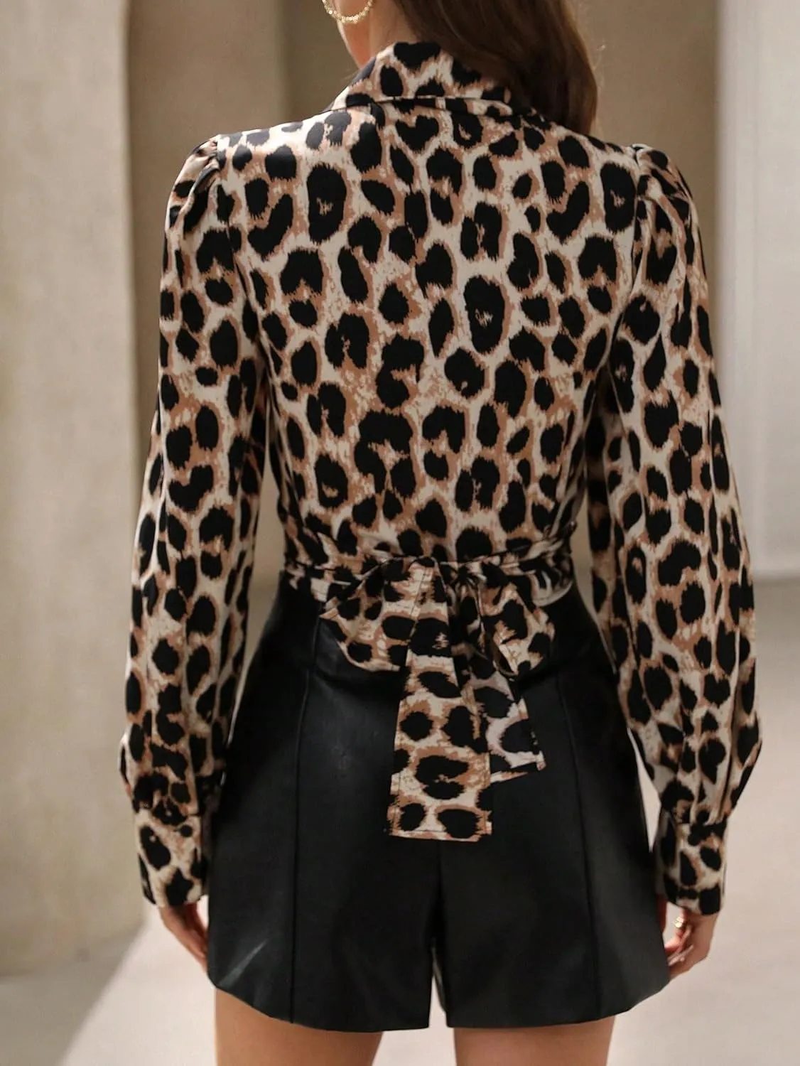 SweatyRocks Women's Leopard Print Wrap V Neck Lapel Collar Tie Back Lantern Sleeve Crop Shirt Blouse