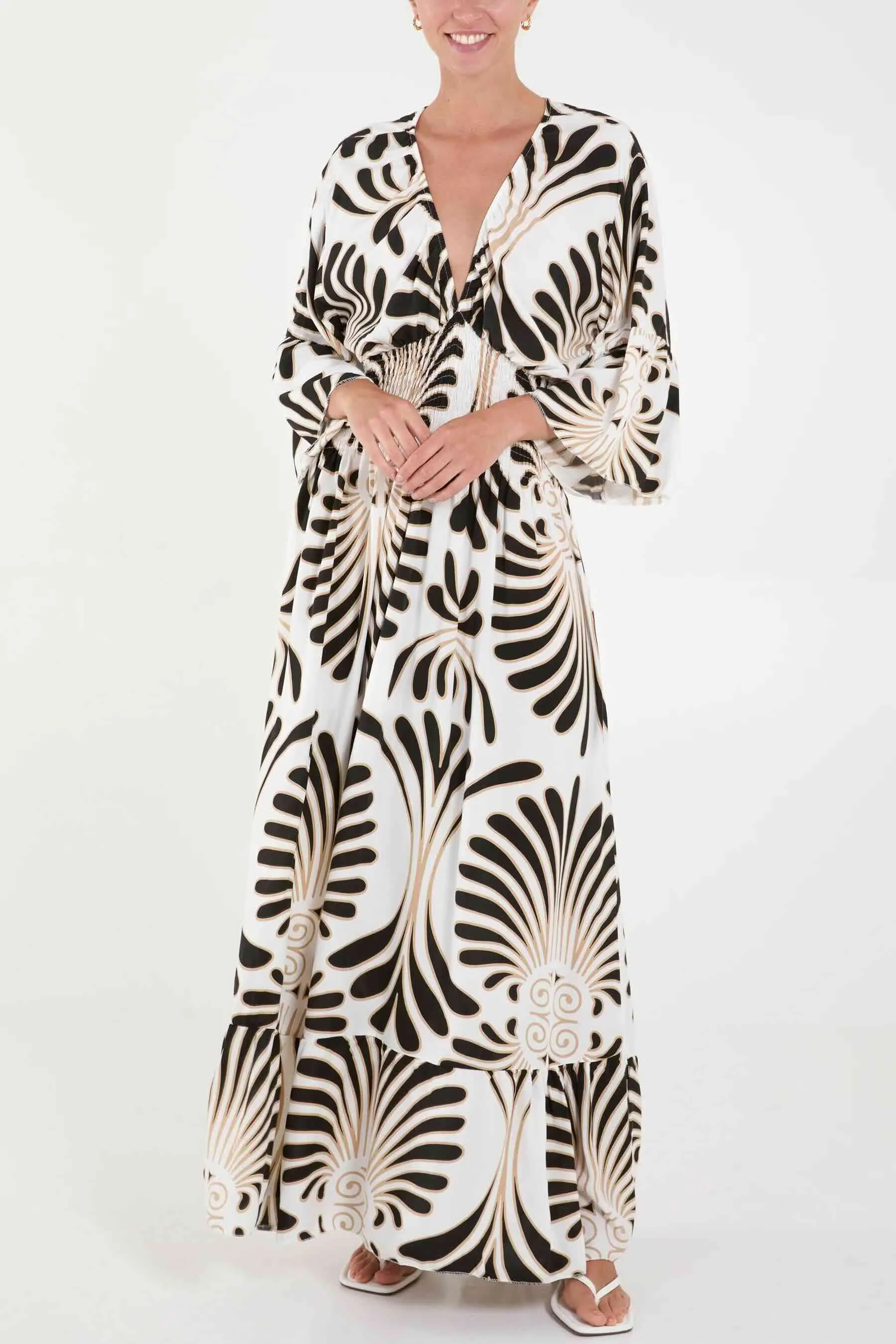 Swirl Feather Maxi Dress - Black/Gold Print