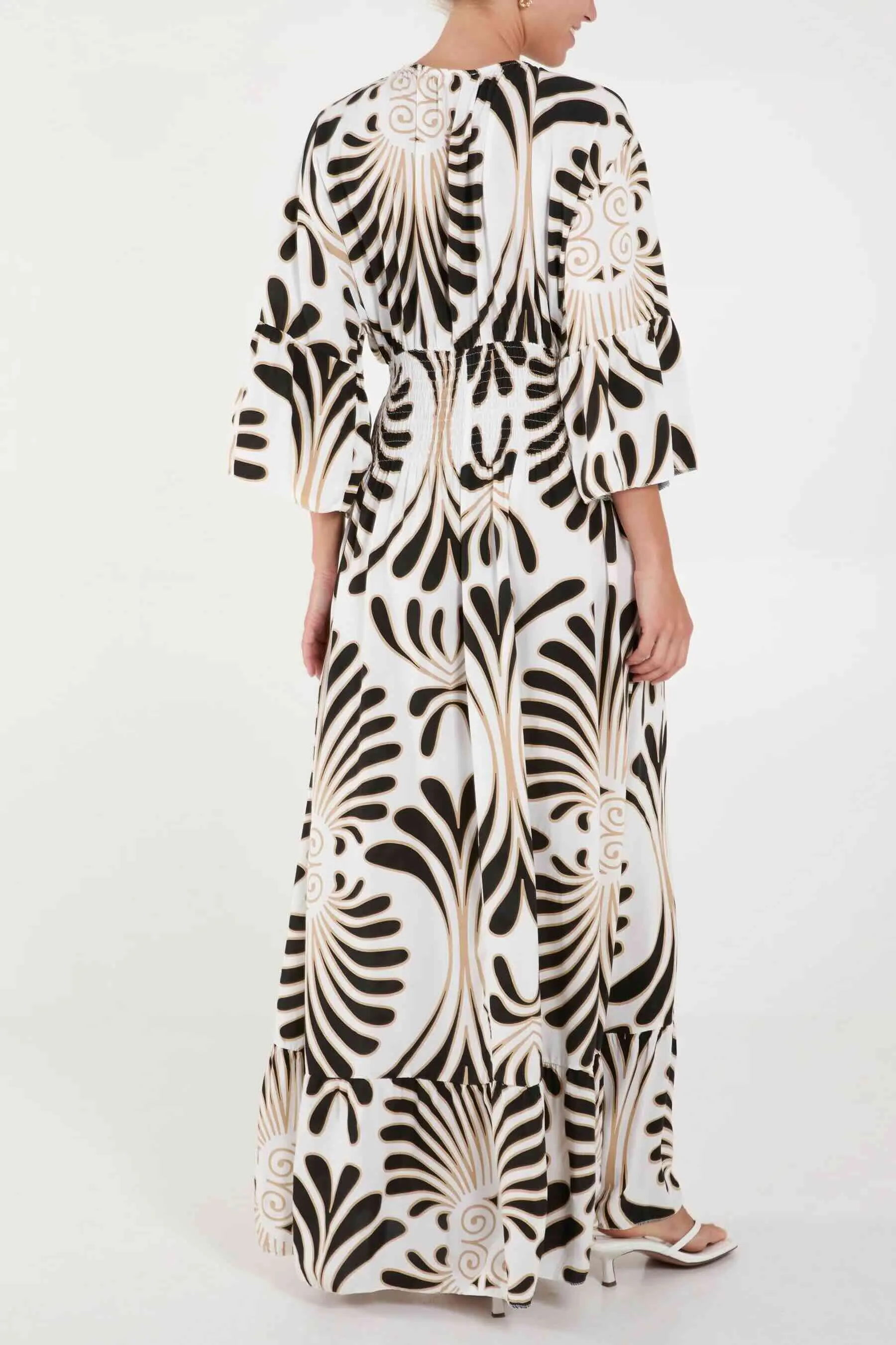 Swirl Feather Maxi Dress - Black/Gold Print