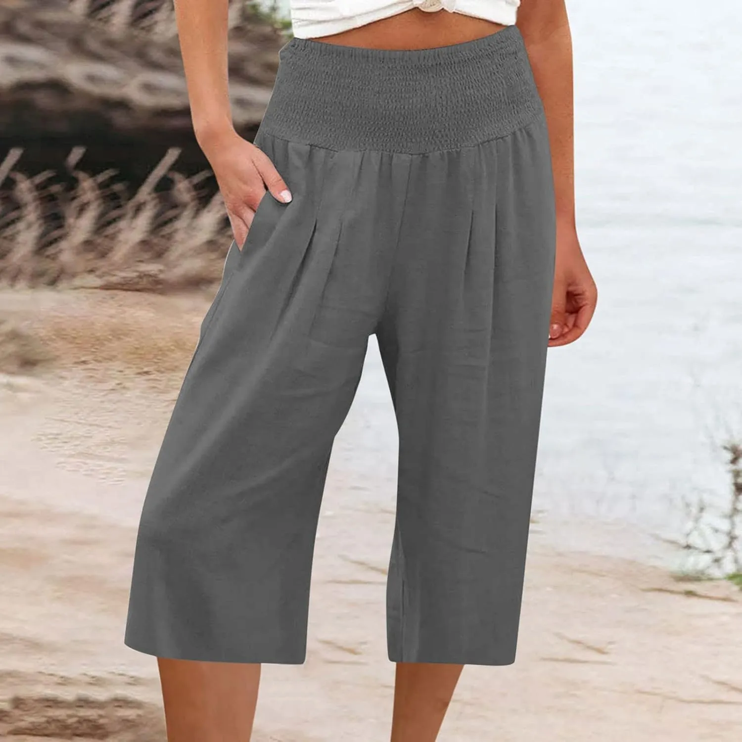TANGNADE Cotton Linen Pants Women Plus Size Wide Leg Capri 2025 Vacation Summer Capris Lightweight Dressy Outfits