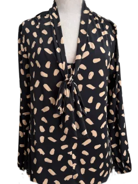 Tie neck pussy cat blouse in black paint strokes print jersey