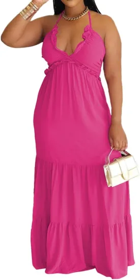 TOPSRANI Womens Sleeveless Maxi Dress Halter Casual Backless Smocked Tiered Ruffle Flowy Sexy Slip Sling Strap Dresses