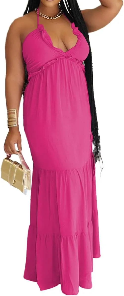 TOPSRANI Womens Sleeveless Maxi Dress Halter Casual Backless Smocked Tiered Ruffle Flowy Sexy Slip Sling Strap Dresses