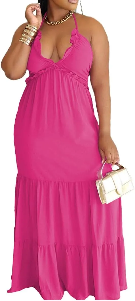 TOPSRANI Womens Sleeveless Maxi Dress Halter Casual Backless Smocked Tiered Ruffle Flowy Sexy Slip Sling Strap Dresses